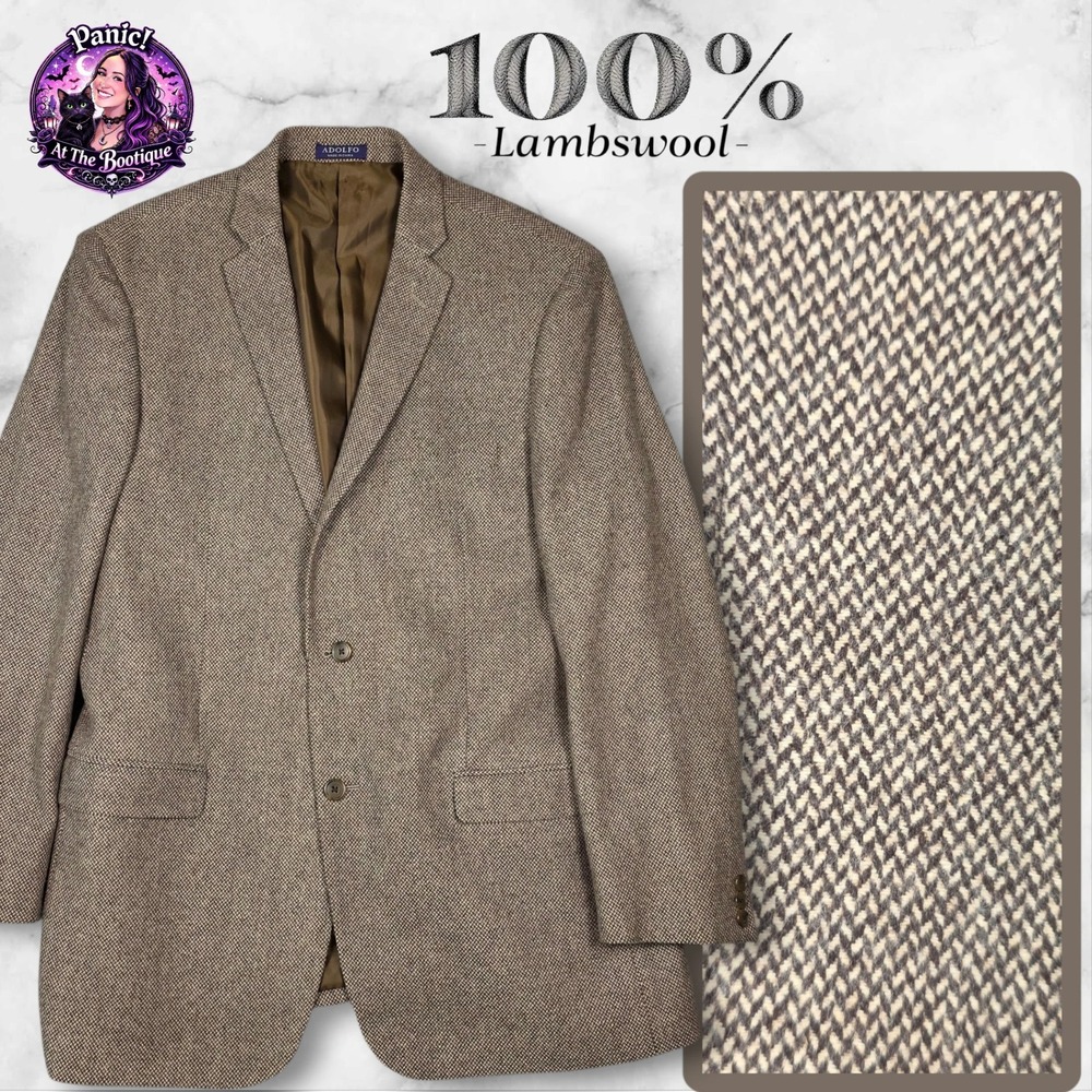 Adolfo Blazer Mens 44L Brown Herringbone Tweed Lambswool Sport Coat Classic Vtg‎